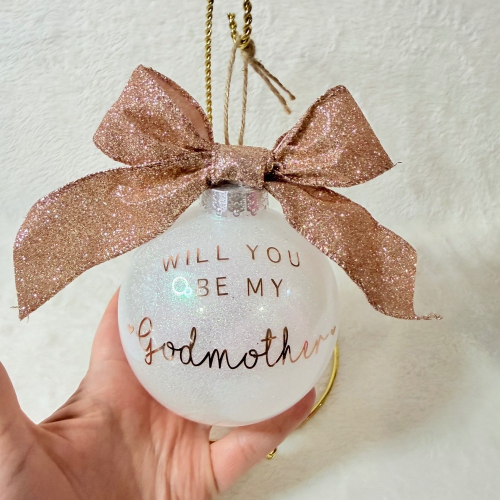 Custom 5" Godmother Proposal Ornament OS White Rose Gold Glitter Bow 5in